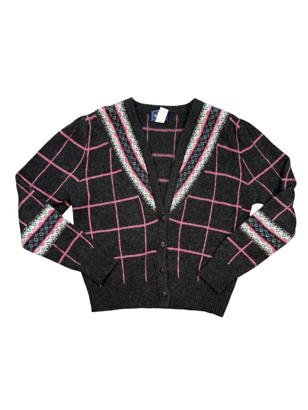 Woolrich Vintage 100% Wool Cardigan Charcoal Pink Windowpane Floral Trim Size L